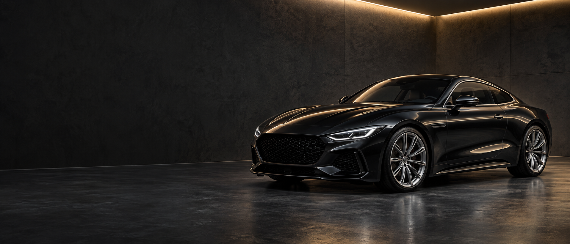 AI-generated editorial photograph of a polished graphite coupe in a softly lit studio